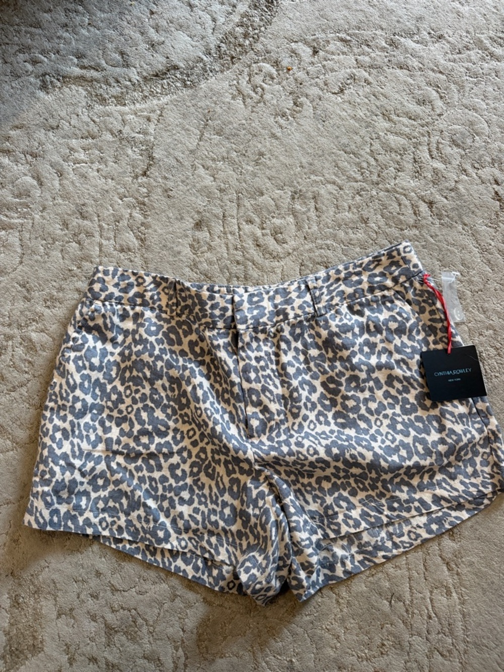 Cynthia Rowley Leopard Print 100% Linen Shorts - Blue & Cream